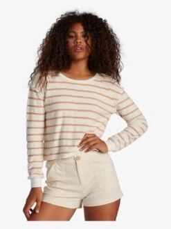 Roxy Hiking Dreams Long Sleeve Scoop Neck Top In Tapioca Blocy Stripe (Teh3) Shirt