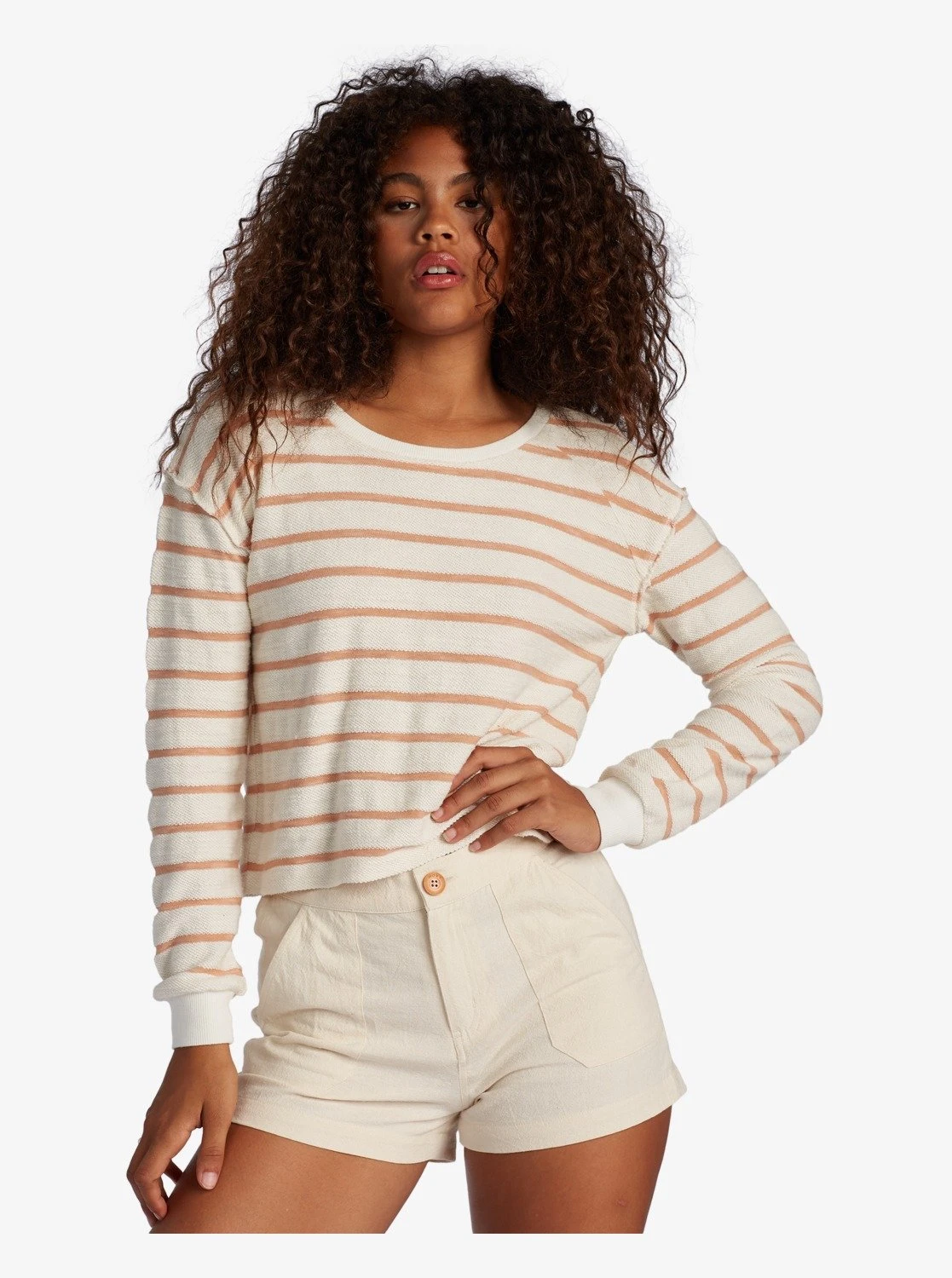 Roxy Hiking Dreams Long Sleeve Scoop Neck Top In Tapioca Blocy Stripe (Teh3) Shirt 3 Roxy Hiking Dreams Long Sleeve Scoop Neck Top In Tapioca Blocy Stripe (Teh3) Shirt